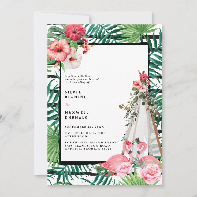 Invitación a la boda del Boho Tropical Flamingo (Anverso)