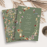 Invitación a la boda del Boho Verde<br><div class="desc">Invitación a la boda del boho verde sabio. Esta elegante y elegante invitación a la boda incluye hermosas flores silvestres de acuarela pintadas a mano dispuestas como una hermosa corona con un patrón de coordinación en la parte trasera.</div>