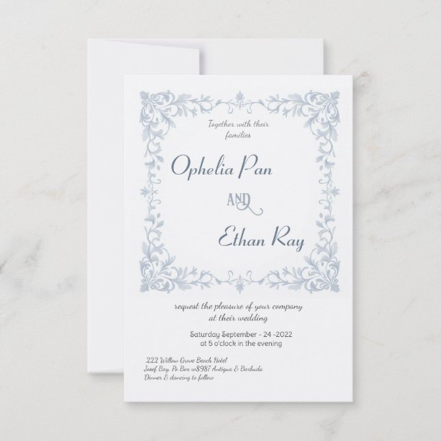 Invitación a la boda del borde floral azul acuarel (Anverso)