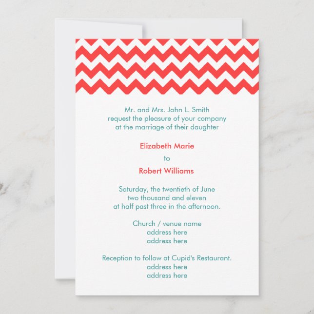 Invitación a la boda del Chevron Turquesa y Coral (Anverso)