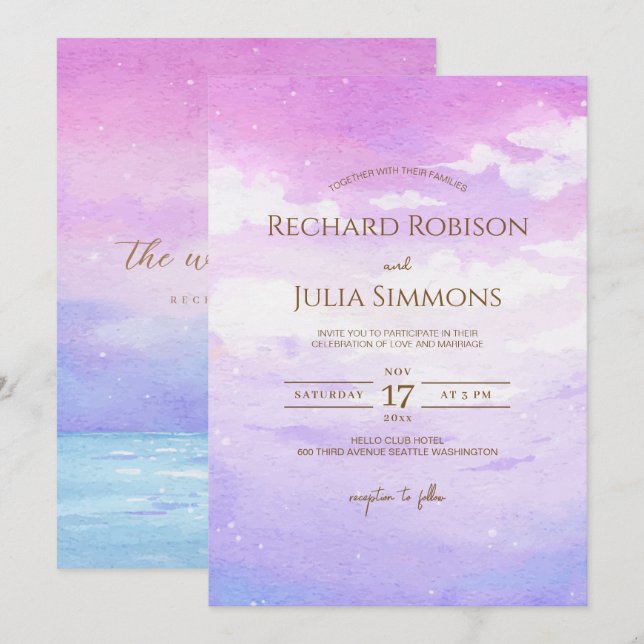 Invitación a la boda del cielo rosa púrpura del Bo (Anverso / Reverso)