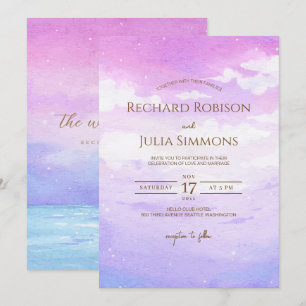 Invitación a la boda del cielo rosa púrpura del Bo