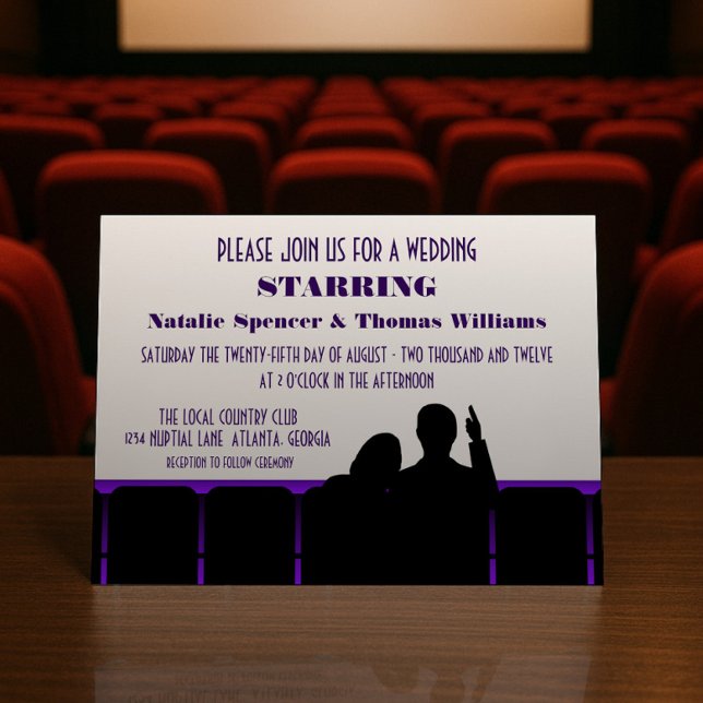 Invitación a la boda del cine, morado (Purple Movie Theater Wedding Invite)