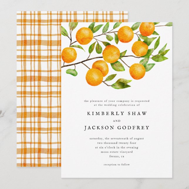 Invitación a la boda del cítrico naranja (Anverso / Reverso)
