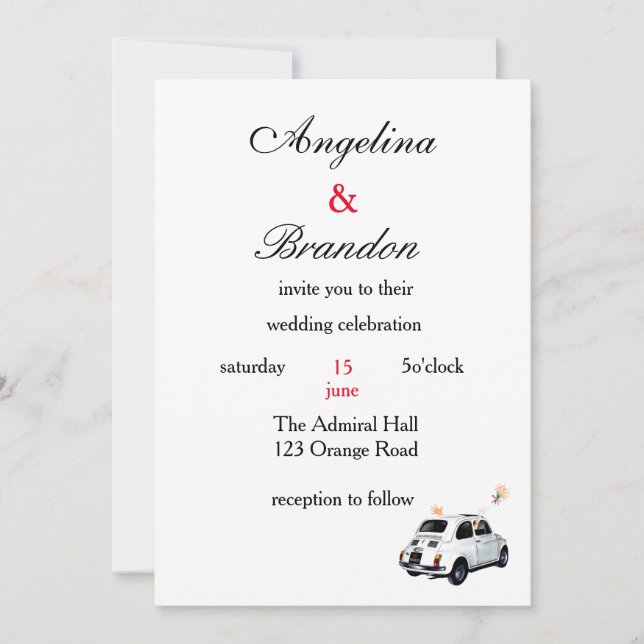 invitación a la boda del coche de fiat 500 (Anverso)