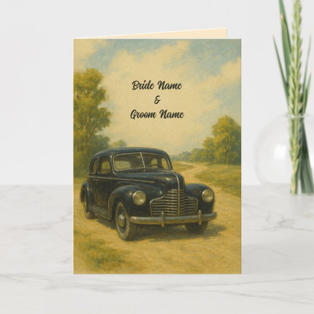 Invitación a la boda del coche retro (Anverso)