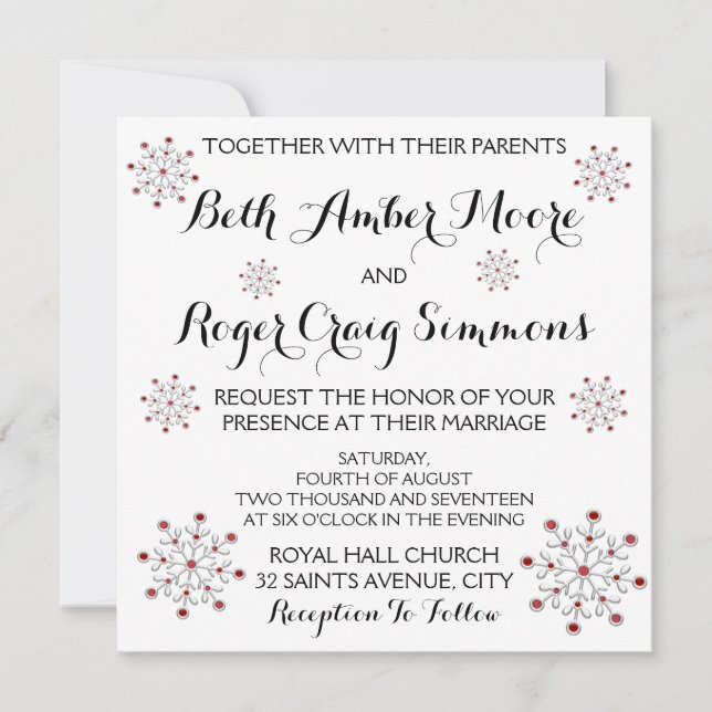 Invitación a la boda del copo de nieve rojo y plat (Anverso)