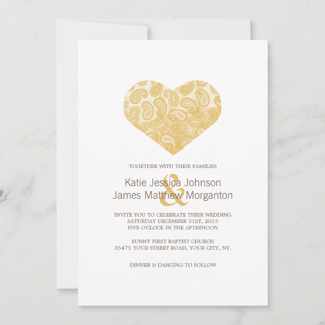 Invitación a la boda del corazón amarillo paisley (Anverso)