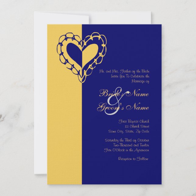 Invitación a la boda del corazón amarillo y azul (Anverso)
