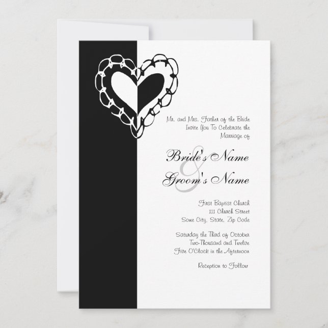 Invitación a la boda del corazón blanco y negro (Anverso)