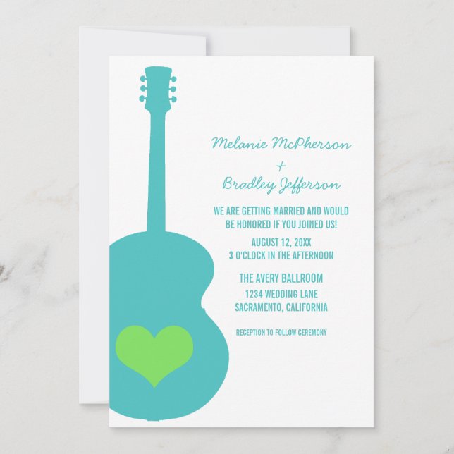 Invitación a la Boda del Corazón de Guitarra Verde (Anverso)