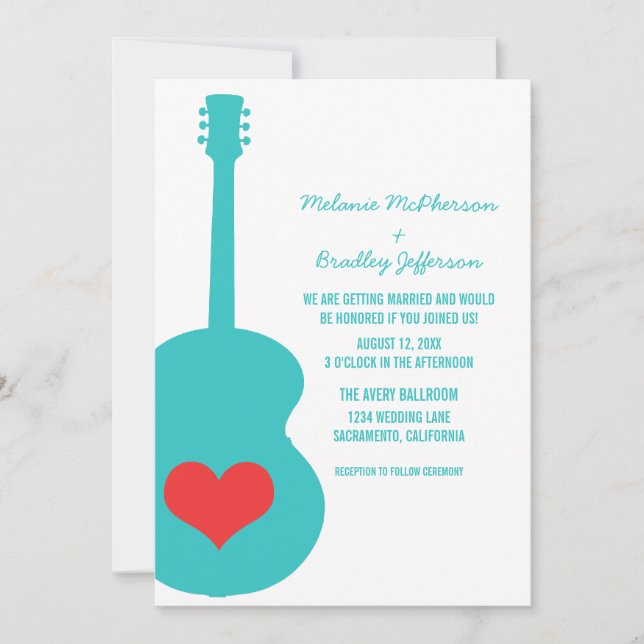Invitación a la boda del corazón de la guitarra ac (Anverso)