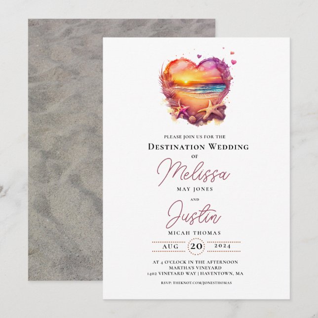 Invitación a la boda del corazón de la playa clási (Anverso / Reverso)