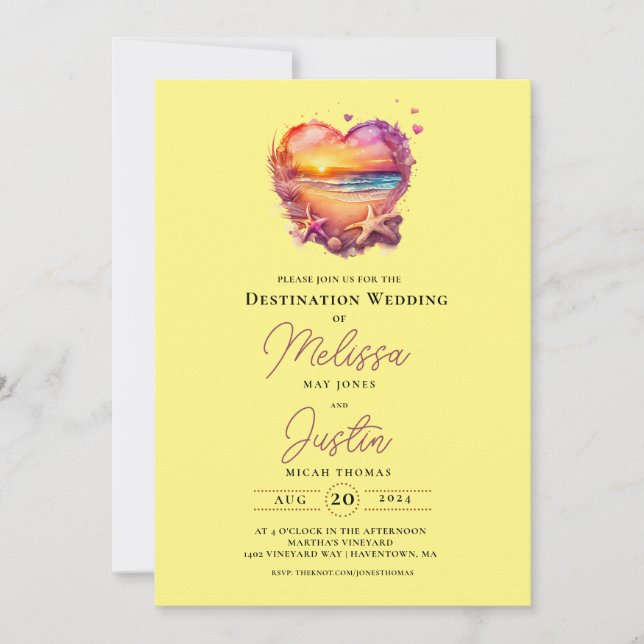 Invitación a la boda del corazón de la playa clási (Anverso)