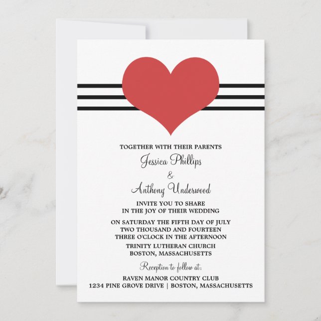 Invitación a la boda del corazón del sangre, rojo (Anverso)