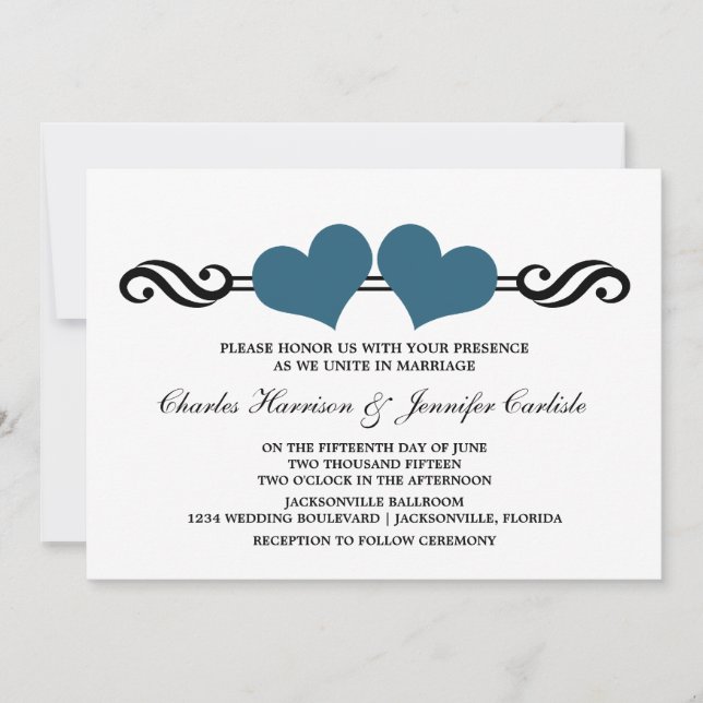Invitación a la boda del corazón elegante, azul (Anverso)