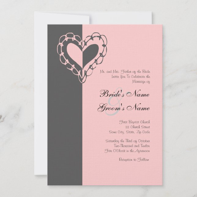 Invitación a la boda del corazón gris y rosa (Anverso)