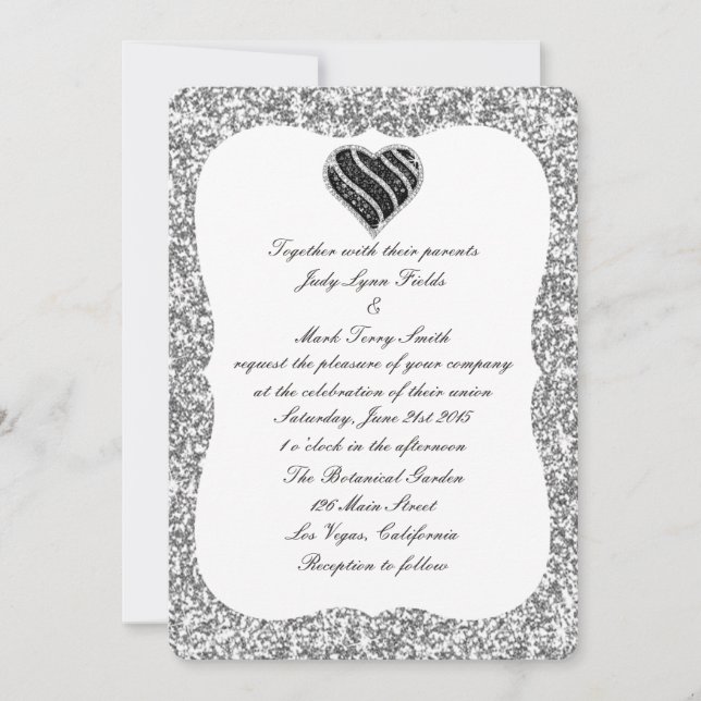 Invitación a la boda del corazón negro Purpurina d (Anverso)