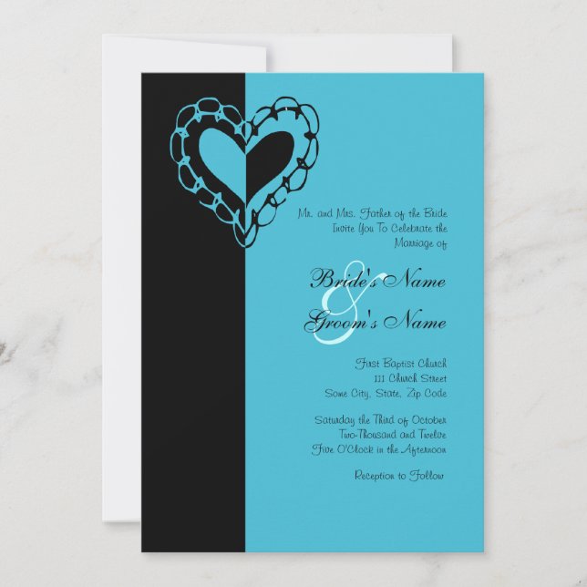 Invitación a la boda del corazón negro y turquesa (Anverso)