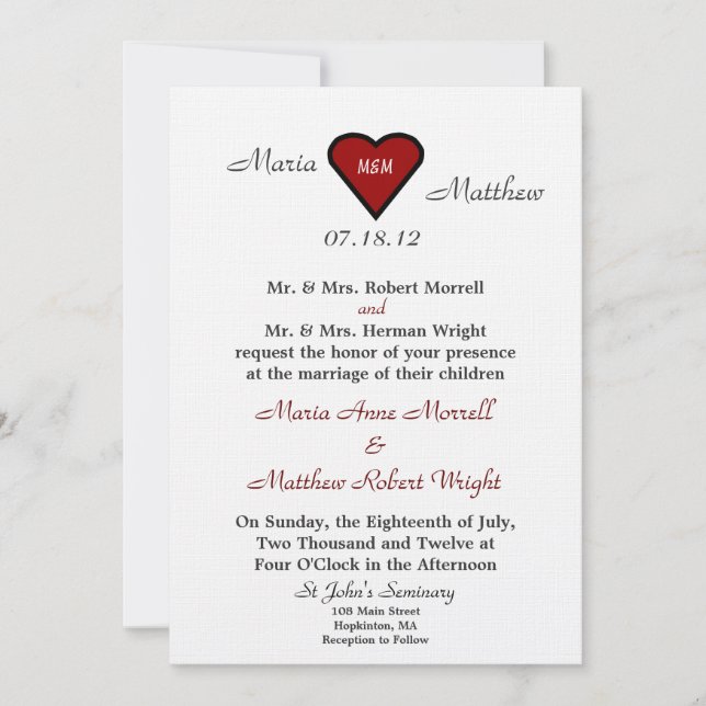 Invitación a la boda del corazón rojo (Anverso)