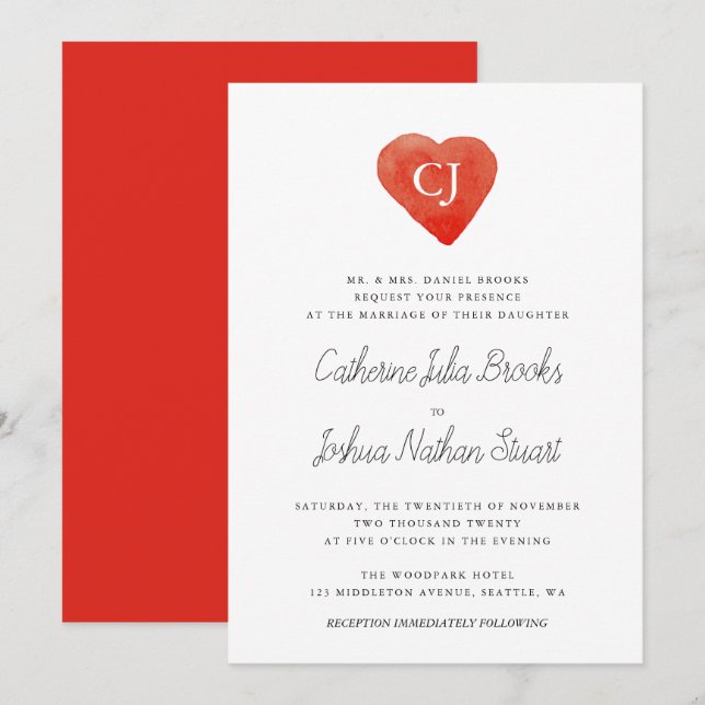 Invitación a la boda del corazón rojo acuarela (Anverso / Reverso)