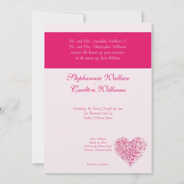 Invitación a la boda del corazón rosa ligero (Anverso)