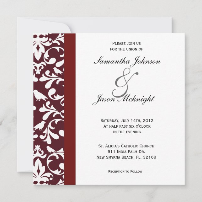 Invitación a la boda del damasco rojo oscuro (Anverso)