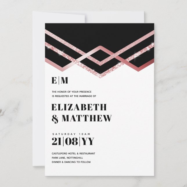 Invitación a la boda del deco negro de Glam Purpur (Anverso)