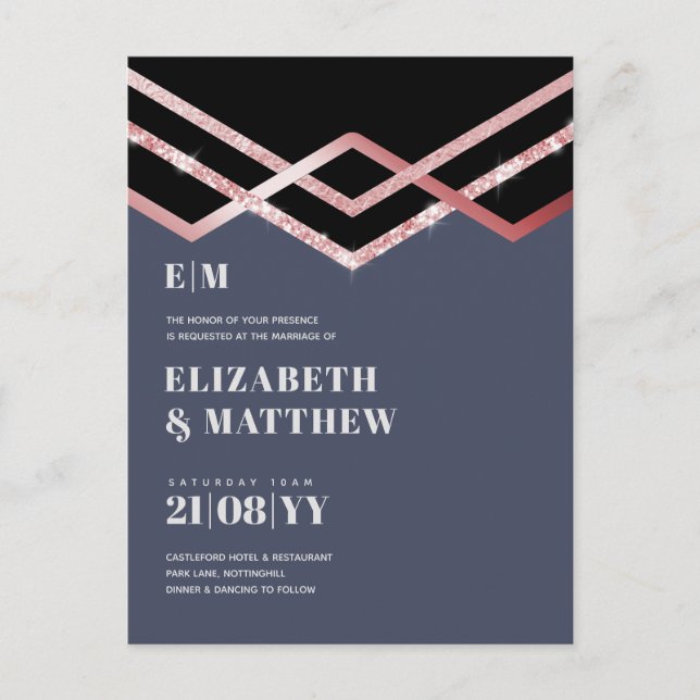 Invitación a la boda del deco negro de Glam Purpur (Anverso)