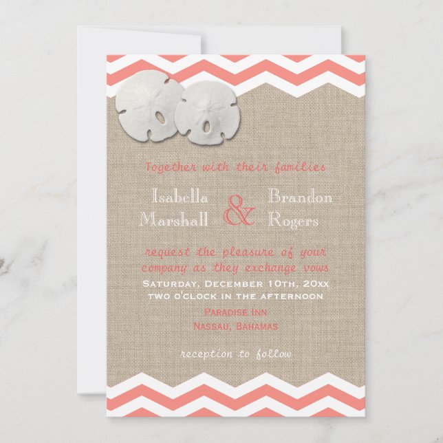 Invitación a la boda del dólar de arena coral y el (Anverso)