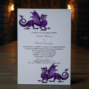 Invitación a la boda del dragón medieval púrpura