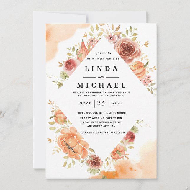 Invitación a la boda del estilo acuarela de otoño (Anverso)
