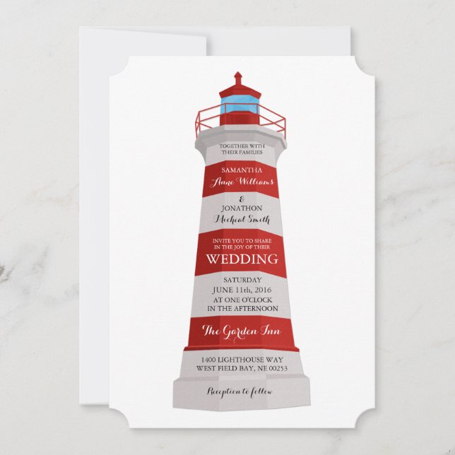 Invitación a la boda del faro rojo y blanco (Anverso)