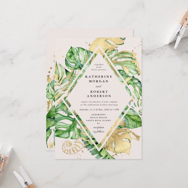 Invitación a la boda del follaje dorado tropical (Anverso/Reverso In Situ)