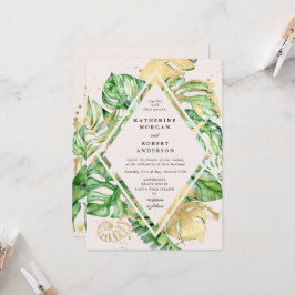Invitación a la boda del follaje dorado tropical