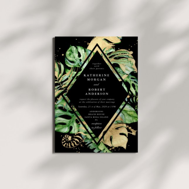 Invitación a la boda del follaje dorado tropical (Subido por el creador)
