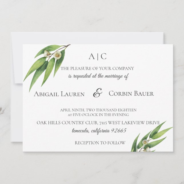 Invitación a la boda del follaje eucalipto moderno (Anverso)
