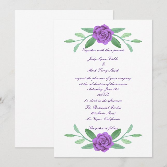 Invitación a la boda del follaje floral púrpura (Anverso / Reverso)