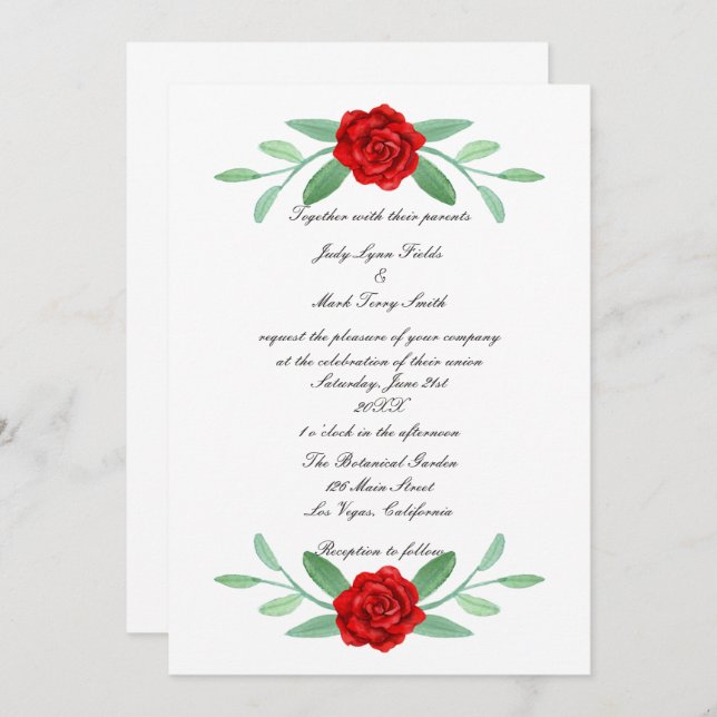 Invitación a la boda del follaje floral rojo (Anverso / Reverso)