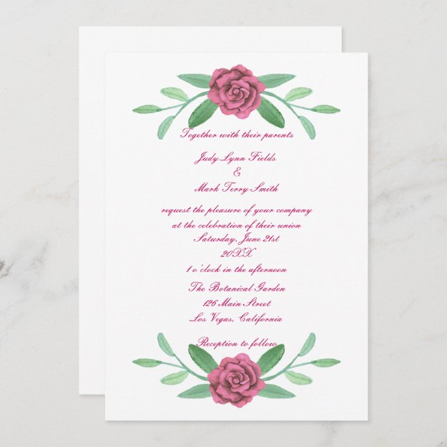 Invitación a la boda del follaje floral rosa (Anverso / Reverso)