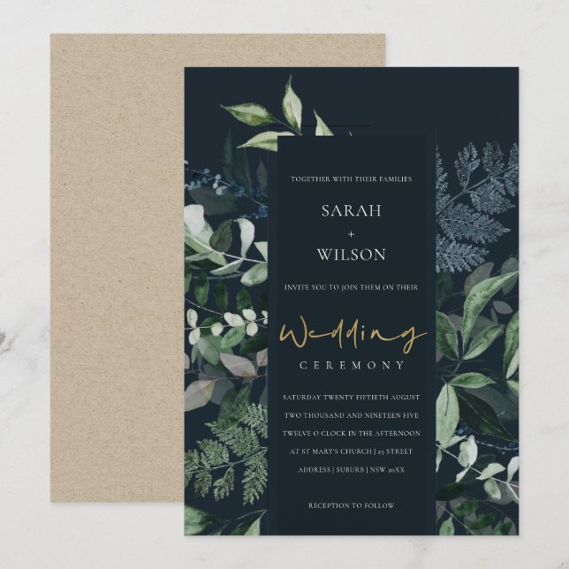 Invitación a la boda del follaje tropical de la Ma (Anverso / Reverso)