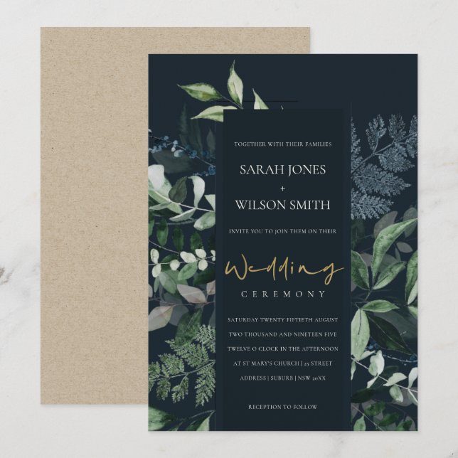Invitación a la boda del follaje tropical de la Ma (Anverso / Reverso)
