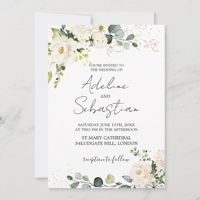 Invitación a la boda del follaje verde de las rosa (Anverso)