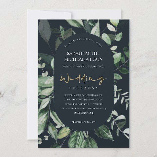 Invitación a la boda del follaje verde negro de la (Anverso)