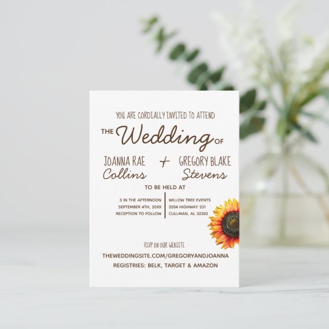 Invitación a la boda del girasol (Anverso de pie)