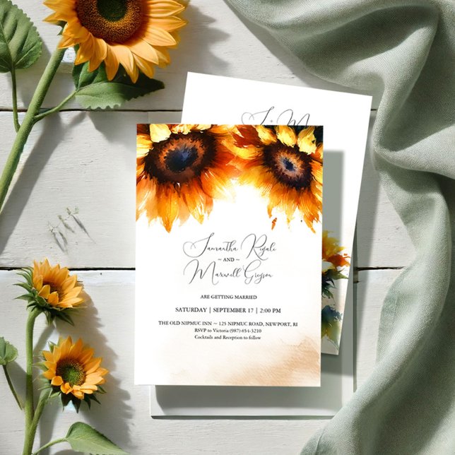 Invitación a la boda del girasol amarillo (Sunflower wedding invitations additional information on the back modern rustic stationery)
