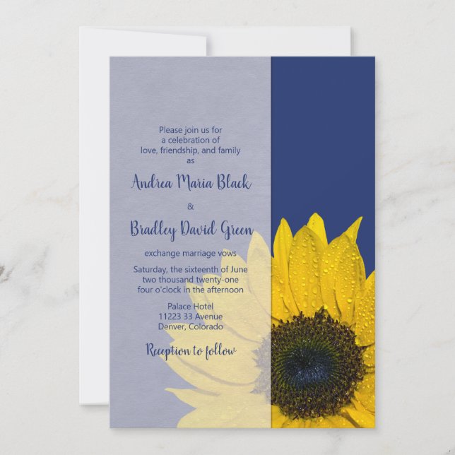 Invitación a la boda del girasol amarillo azul de  (Anverso)