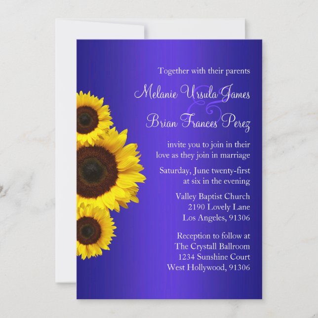 Invitación a la boda del girasol azul y amarillo (Anverso)