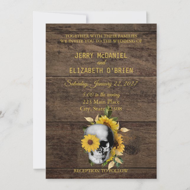 Invitación a la boda del girasol de cráneo rústico (Anverso)