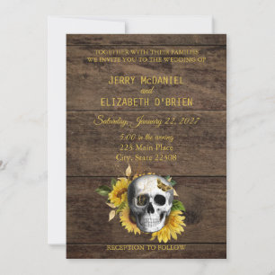 Invitación a la boda del girasol de cráneo rústico